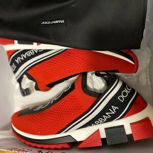 Dolce & Gabbana Red and Black Slip-On Mesh Men's Sneakers